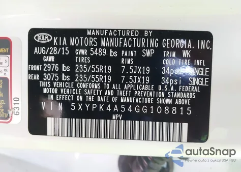 2016 Kia Sorento 3.3L Sx из США, поврежденный, VIN 5XYPK4A54GG108815